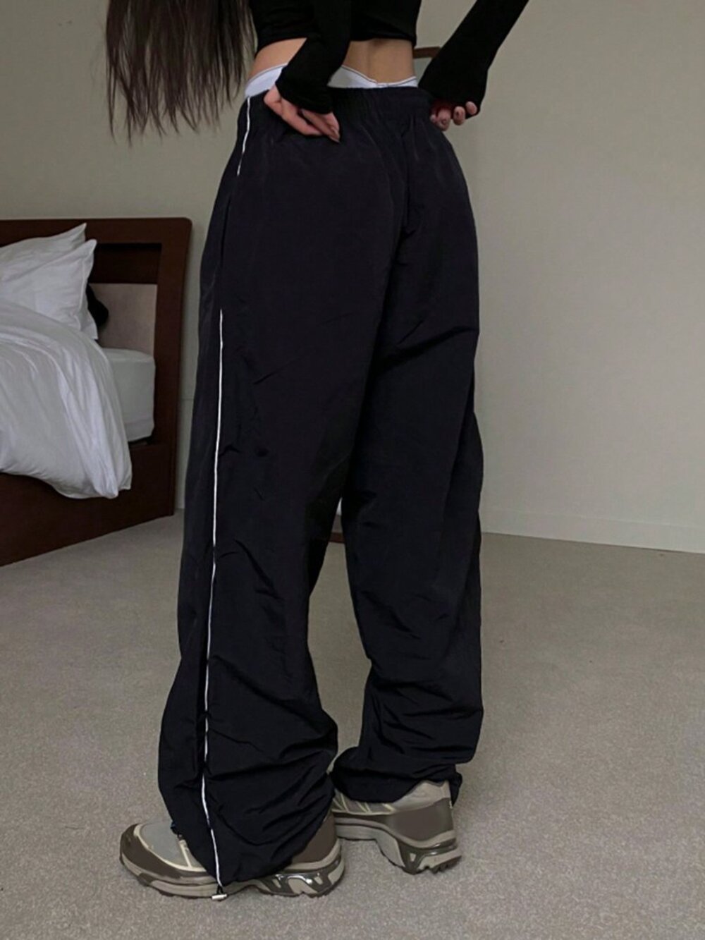 Black Casual Women's Loose Low Waist Baggy Long Pants - Picture 9 of 10